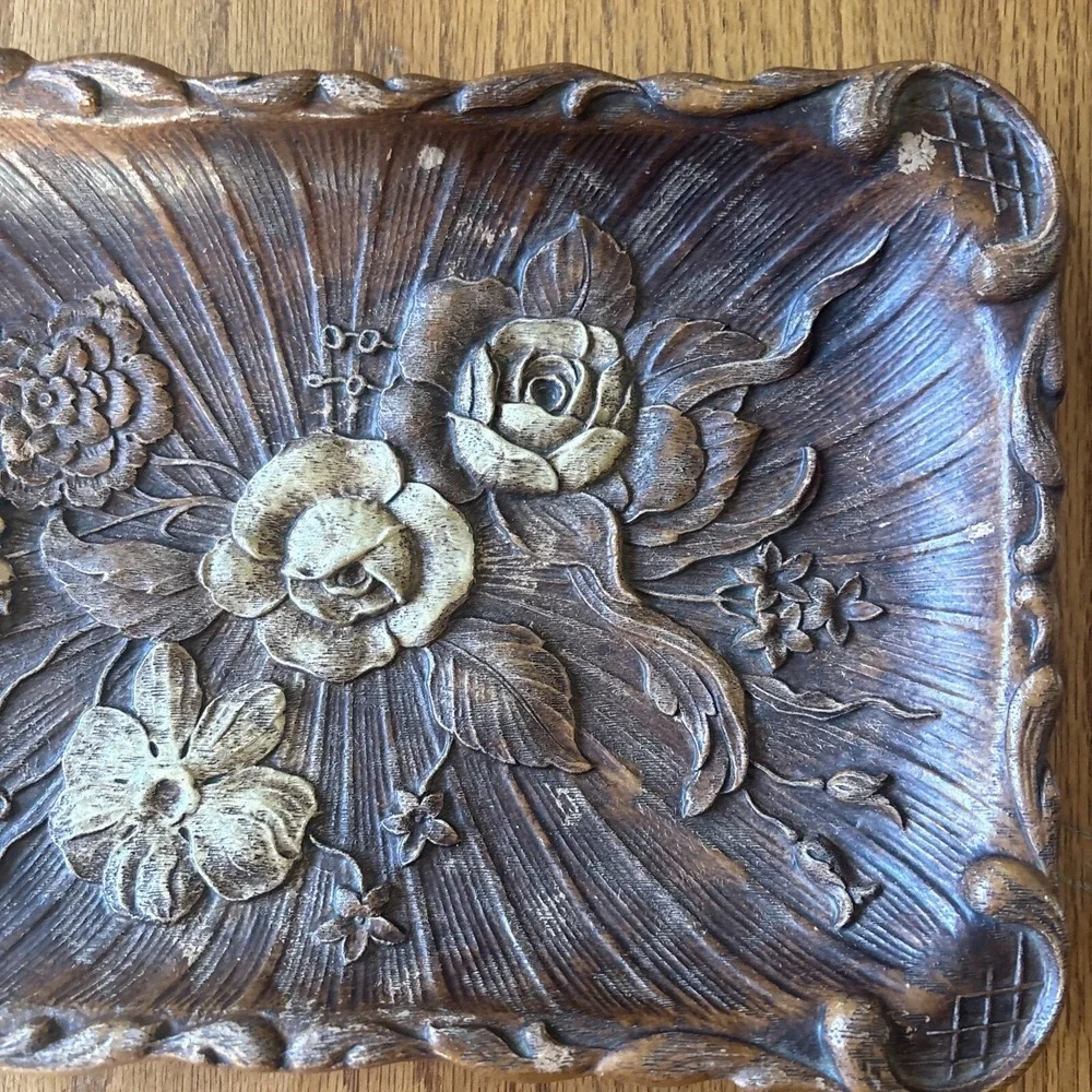 Vintage 40's 1944 Multi Products Syroco Molded Wood Composite Floral Rose Tray